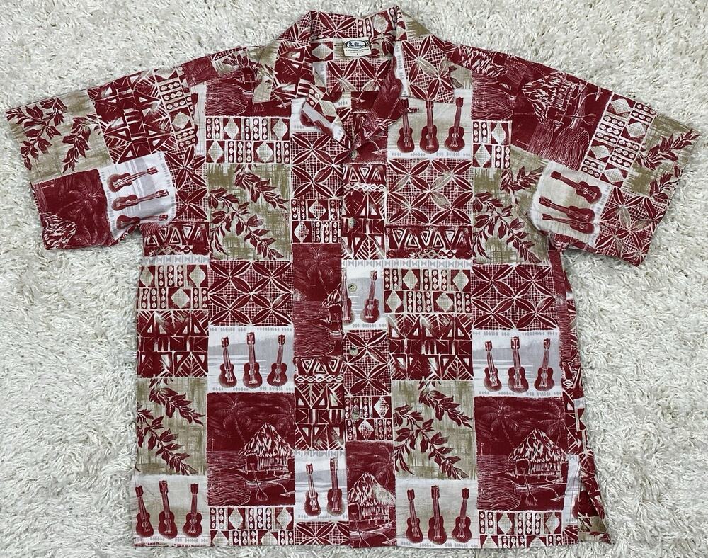 Go Barefoot Hawaiian Shirt Mens L Tiki Ukulele Print Made in USA Vintage Camp